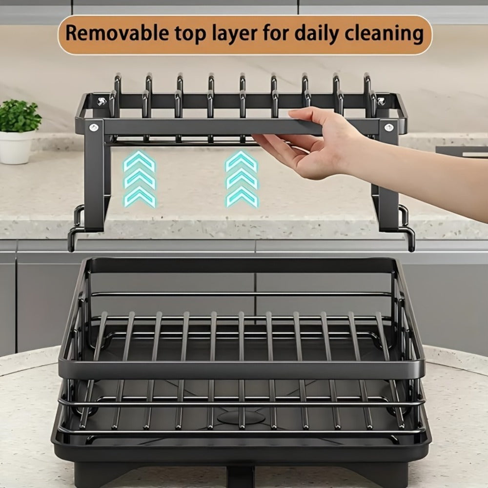 2-Tier Dish Drying Rack with Drainboard & Mat ¨C Metal Dish Rack for Kitchen Counter with Knife Fork Cup Holder