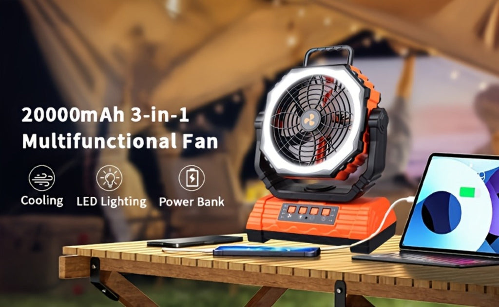 Camping Fan 20000mAh Battery Powered with 4 LED Lantern - Dual Motor 4-Speed Portable Outdoor Fan with Hook & Remote Control | Desktop Fan for Tent, Power Outage & Construction Site