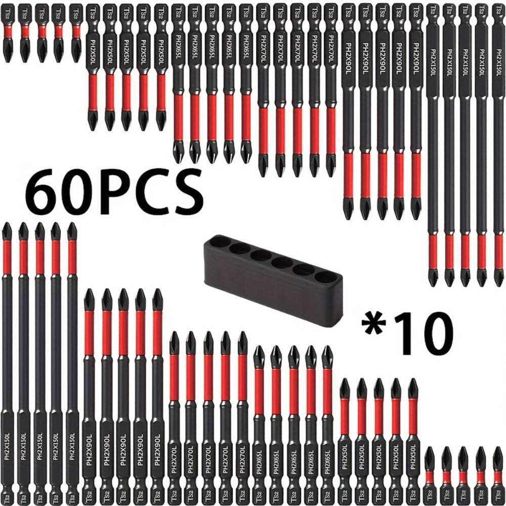 Impact Screwdriver Bits S2 Steel Anti-Slip, Magnetic Phillips Cross Drill Bit Set with Anti-Slip Teeth & High Hardness Tungsten Steel, Power Tool Bits for Home Repair, Bicycle, Furniture & DIY (2/24/60pcs)