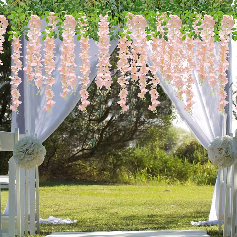 Artificial Wisteria Hanging Flowers 24pcs Fake Wisteria Vine Garland Silk Flower String for Wedding Home Party Backdrop Wall Decor Light Pink