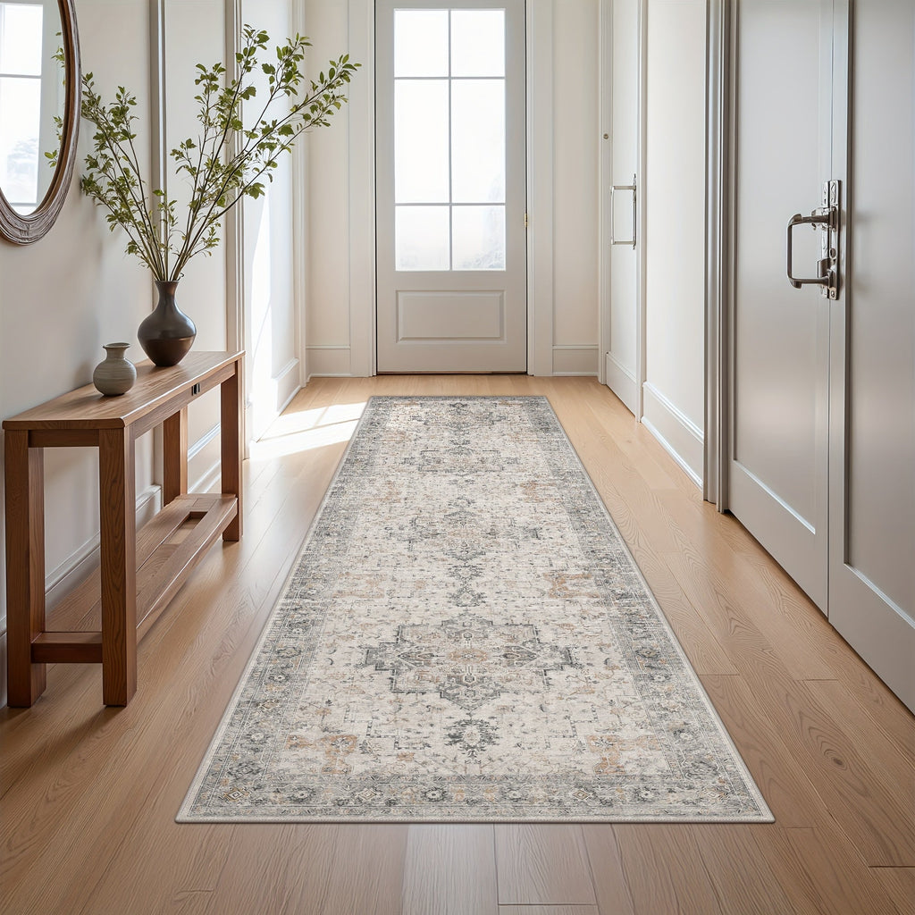Runner Rug Machine Washable Non-Slip Vintage Hallway Area Rug Low Pile Lightweight Boho Floral for Entryway Kitchen Corridor Light Taupe Brown