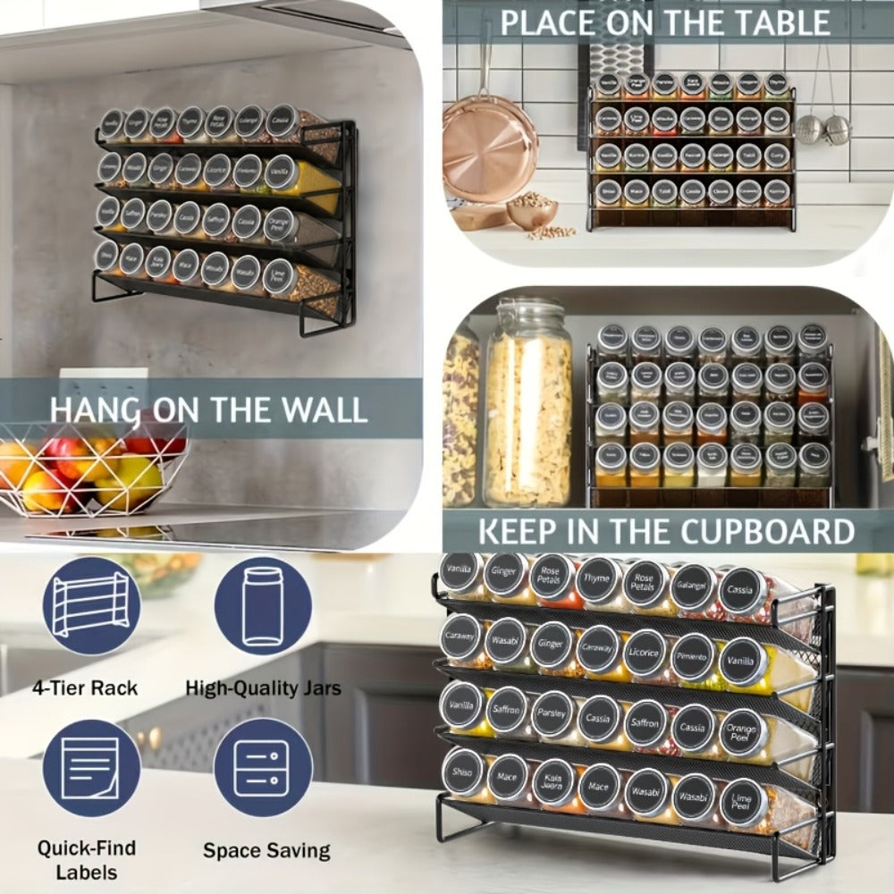 Spice Rack Organizer with 28 Jars, 386 Pre-Printed Labels, Chalk Marker & Funnel ¡ª Wall Mount, Cabinet, Countertop & Pantry Spice Storage | 13.4¡±W ¡Á 10.8¡±H | Black