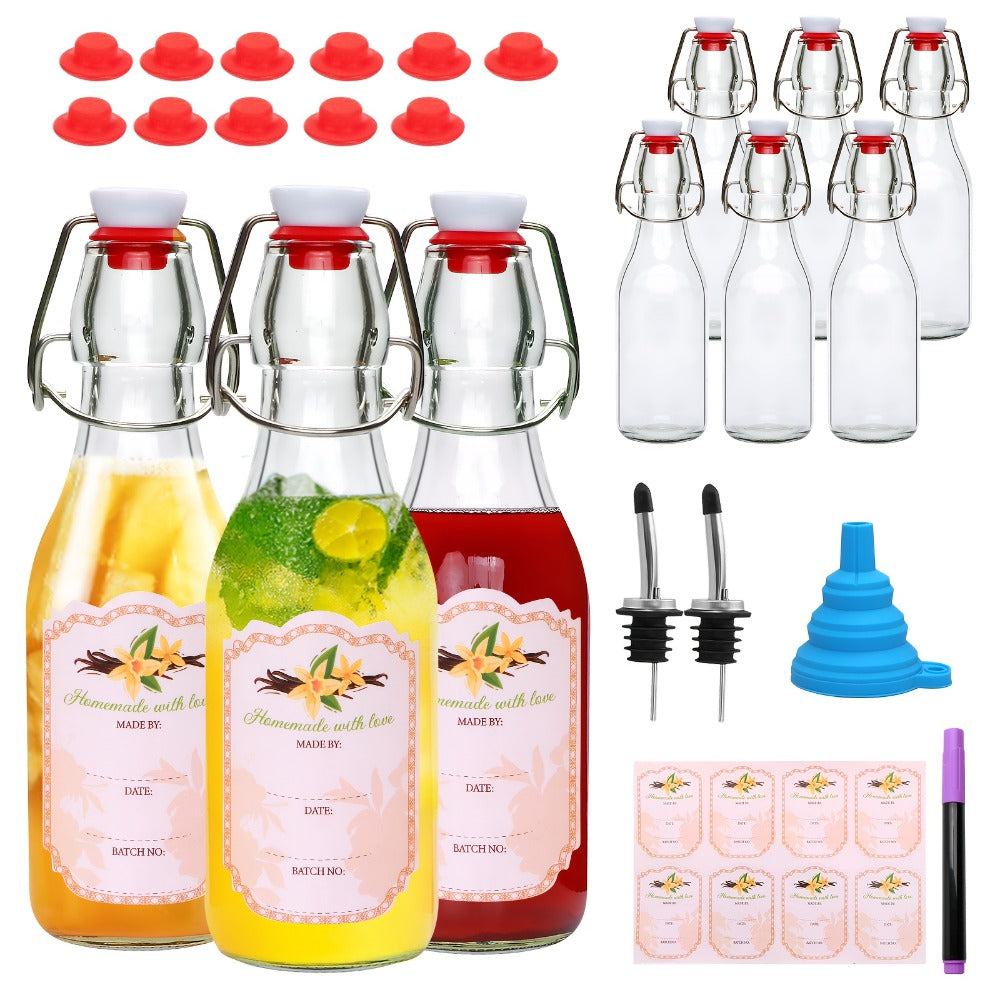 Glass Swing Top Bottles 8.45oz ¨C Round Iron Clasp Airtight Bottle Set with Funnel for Juice, Kombucha, Syrup & Oil Storage, Reusable Flip Cap Glass Bottles (6, 9, 12 or 18 Pack)