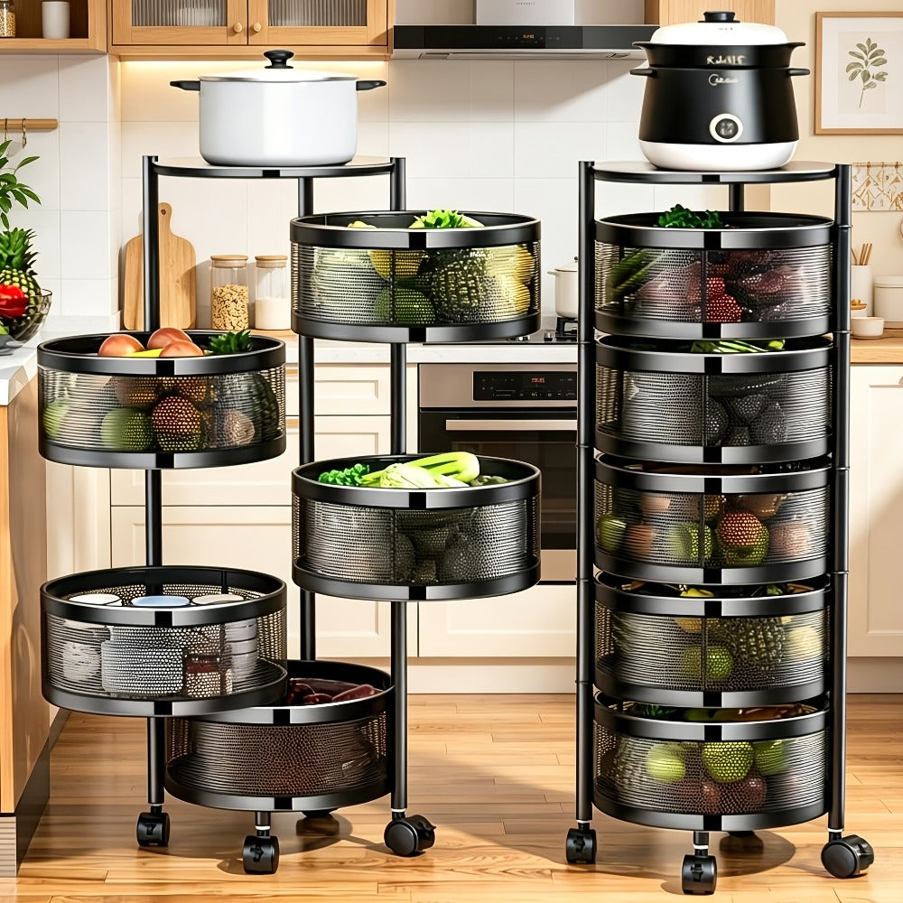Rolling Storage Cart with Wheels 5-Tier 360¡ã Rotating Kitchen Organizer Basket, No Assembly Space-Saving Floor Standing Bin for Kitchen Pantry Bathroom Bedroom Fruits Vegetables Home Organization