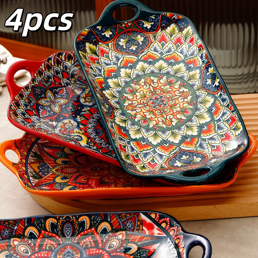 Ceramic Serving Platter Set of 4, Bohemian Rectangular Fish Dish with Double Handles, Baking Tray for Sushi Pasta Desserts Salads Fruits, Ideal for Family Gatherings Picnics Restaurants