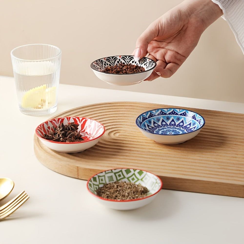 Dipping Sauce Dish Set 10/12 Piece Bohemian Ceramic ¨C Colorful Small Plates for Soy Sauce Vinegar Spices Condiments Sushi Bar Restaurant Kitchen Party Boho Snack Seasoning Plate