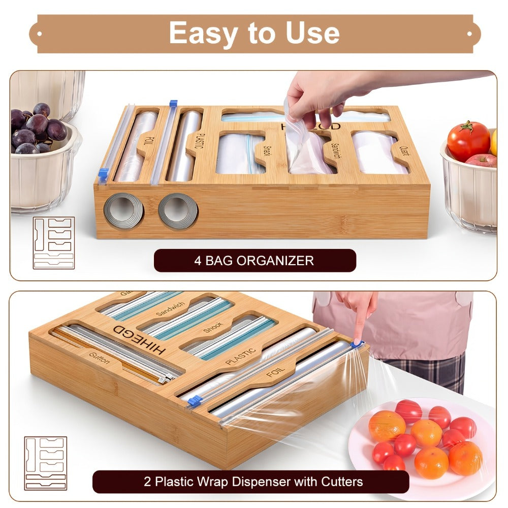 Bamboo Wrap Dispenser 6-in-1 Kitchen Organizer ¨C Built-In Cutter, 6-Grid Storage Box for Plastic Wrap, Aluminum Foil & Bags, Space-Saving Drawer Organizer for Pantry & Kitchen Counter