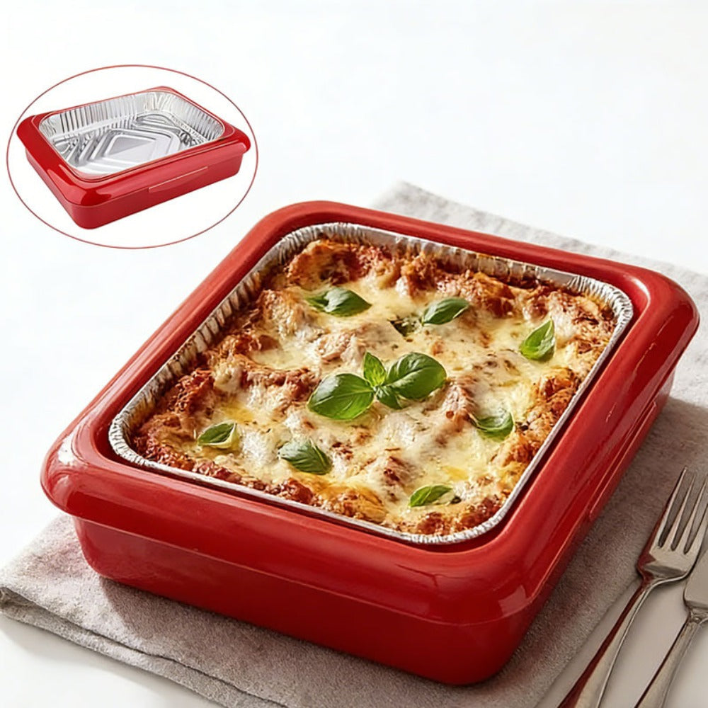 Aluminum Foil Tray with Lid - Insulated Stackable BBQ & Salad Serving Container for Outdoor Picnic, Party, Kitchen Use, Rectangular, Black & Red