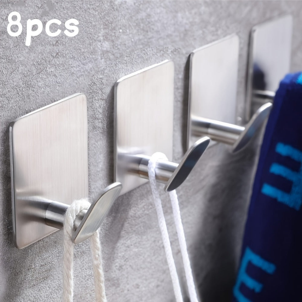 Adhesive Wall Hooks 8-Pack ¨C Stainless Steel No-Drill Towel Hook for Bathroom Kitchen Bedroom Coat Hat Key Holder