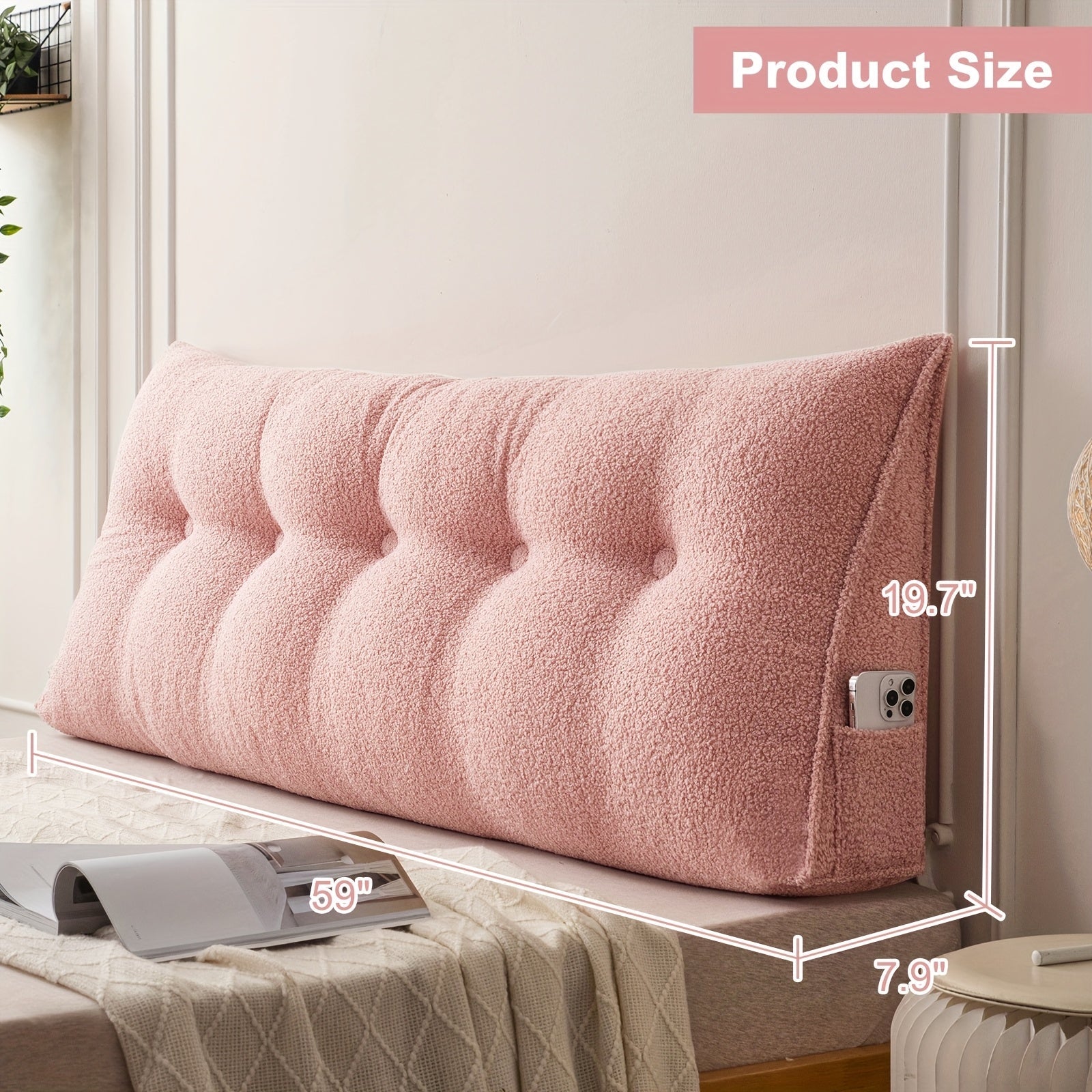 Bed Wedge Pillow Headboard Pillow with Side Pockets Removable Washable Cover Teddy Velvet Reading Pillow Twin Queen King