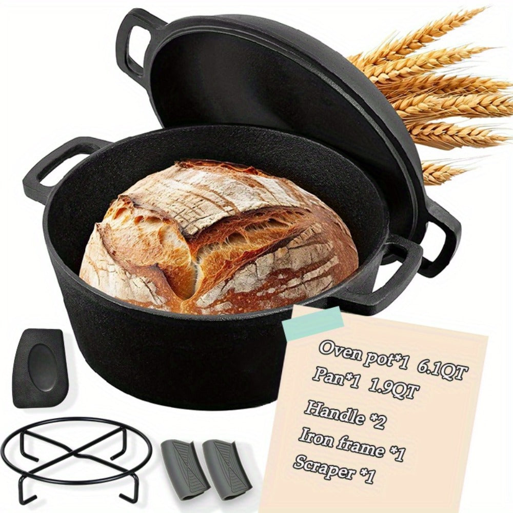 Cast Iron Dutch Oven Set ¨C 6.1QT Deep Pot + 1.9QT Frying Pot, 2-in-1 Cookware with Silicone Handles, Iron Frame & Scraper, Oven, Stovetop, Induction & BBQ Compatible, 6-Pack Bundle