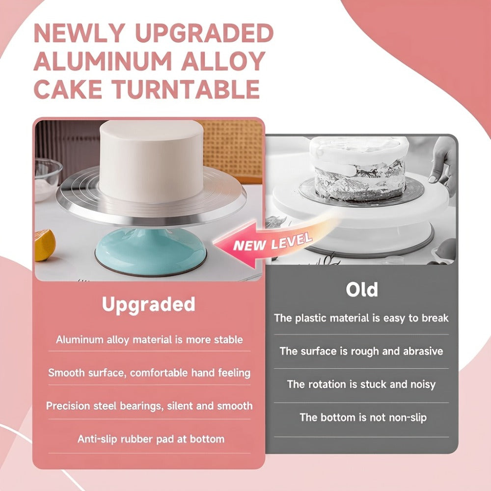 Cake Turntable Stand 10 Inch Aluminum 360 Degree Smooth Rotation with Frosting Spatula - Heavy Duty Rotating Cake Decorating Stand for Baking Birthday Wedding Holiday Desserts, Non-Slip Base Baking Supplies