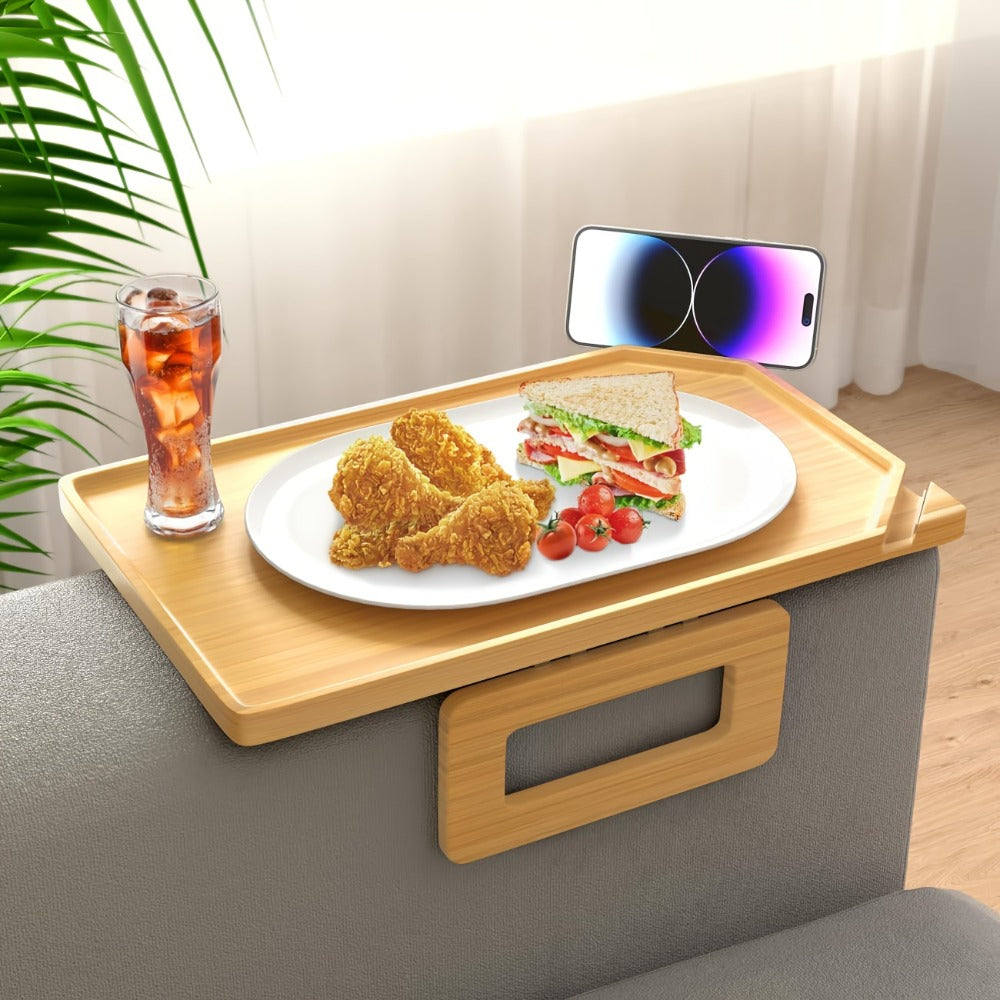 Bamboo Sofa Arm Tray with Folding Legs ¨C Clip-On Couch Armrest Table for Snacks Drinks Remote Control Living Room Bedroom Breakfast Tray Natural Rectangular