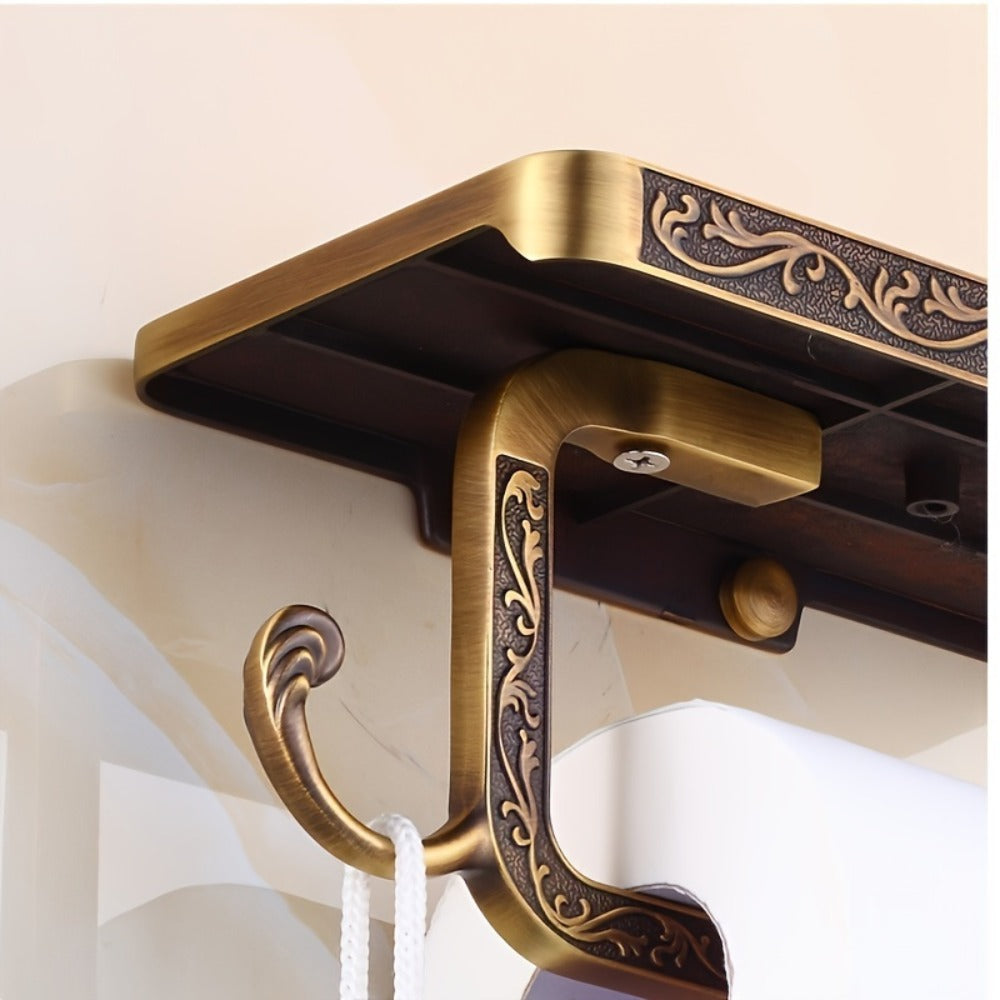 Toilet Paper Holder with Shelf Antique Brass Vintage Wall Mounted - Self-Adhesive No Drill Tissue Roll Dispenser with Storage Ledge, Elegant Bathroom Accessory in Golden & White, 1pc or 2pcs