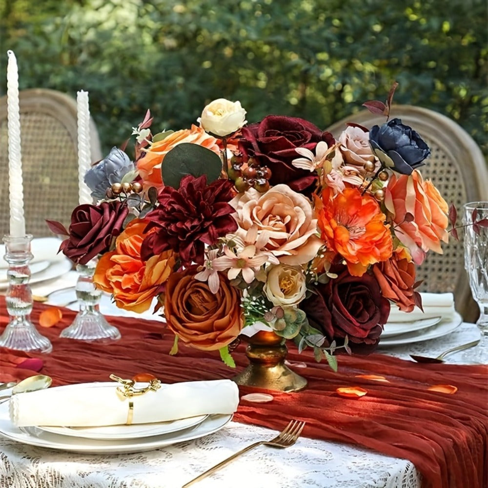 Artificial Flowers Bouquet Set ¨C Foam Roses for Wedding, Fall Halloween Valentine's Day Table Decor, Orange Wine Red Blue