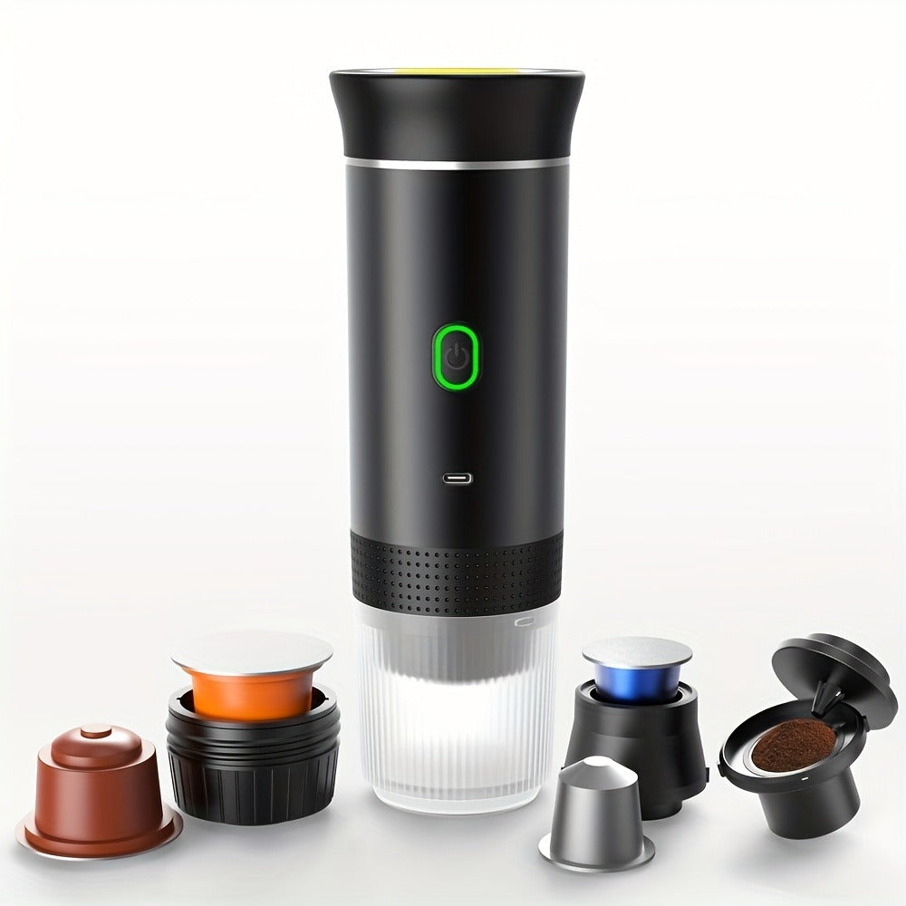 Portable Capsule Coffee Machine USB Rechargeable One-Touch Brewing Compact Automatic Espresso Maker for Travel Office Dorm Room Under 1L Stylish Transparent Design for Coffee Lovers Black White