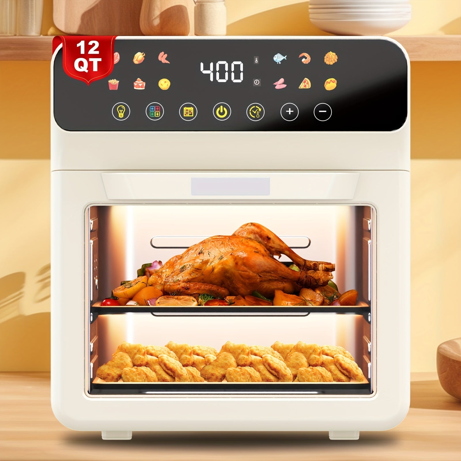 Air Fryer Oven 12-in-1 Large 12-Quart Smart Countertop Oven with 12 One-Touch Preset Functions, Smart Cook Program, Viewing Window, Interior Light, Adjustable Time & Temp, Oil-Free Family Cooker
