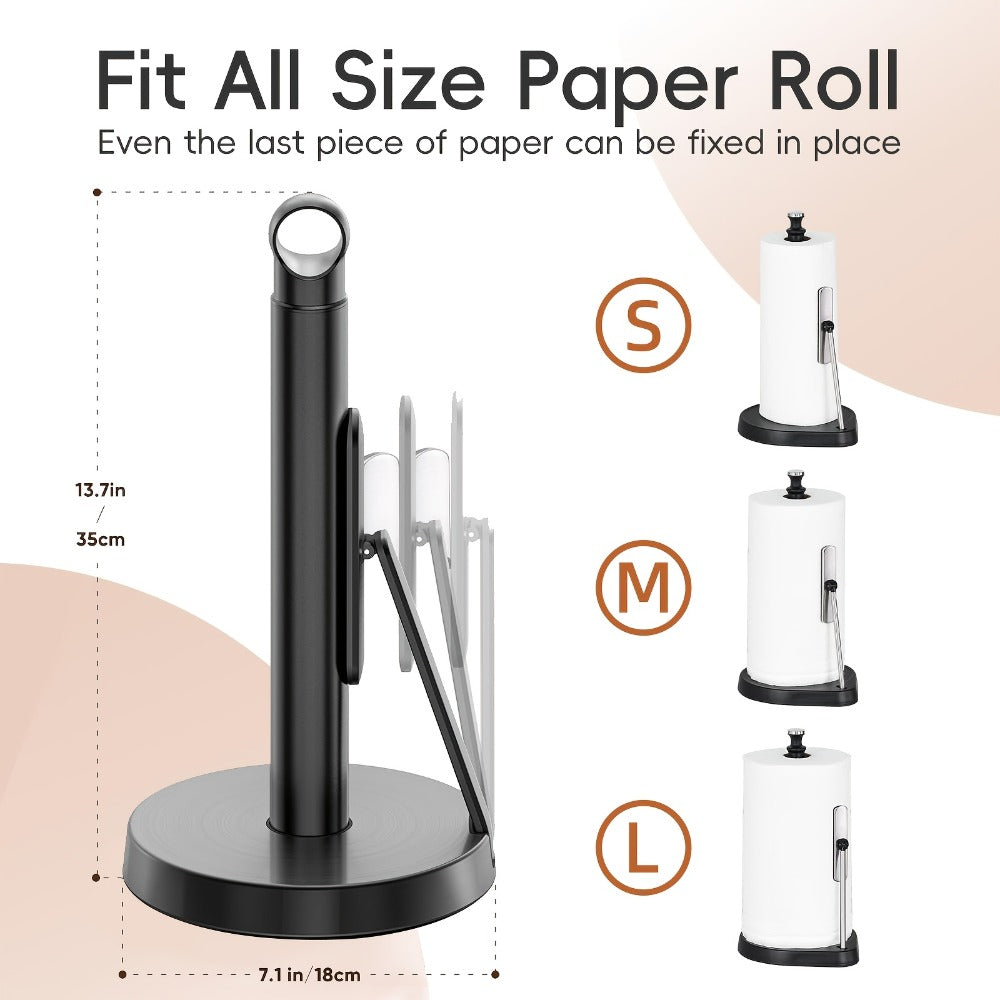 Paper Towel Holder Countertop - Stainless Steel Standing Dispenser with Tension Arm for One-Handed Tear, Modern Kitchen Roll Holder in Silver White Gold Black
