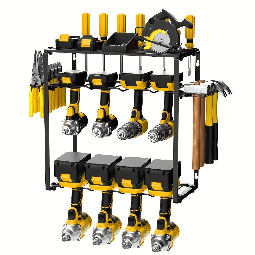 Wall Tool Storage Rack Heavy Duty Metal Organizer - 4 Layer Cordless Drill Holder Clamp Bracket Workbench Wall Mount Space Saving Workshop Garage Storage