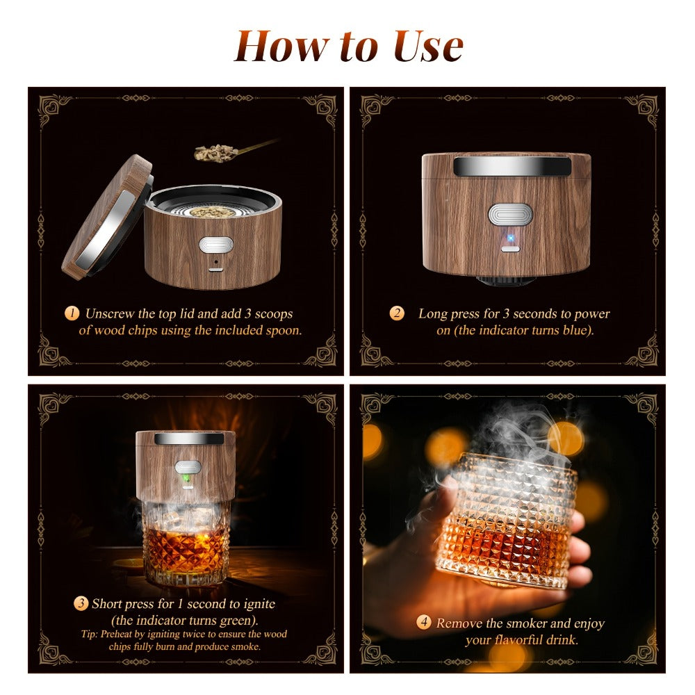 Electric Cocktail Smoker Kit with 6 Wood Chips ¨C Flame-Free USB Rechargeable Whiskey Smoker for Tumblers & Wine Glasses, Gift for Men Dad Husband