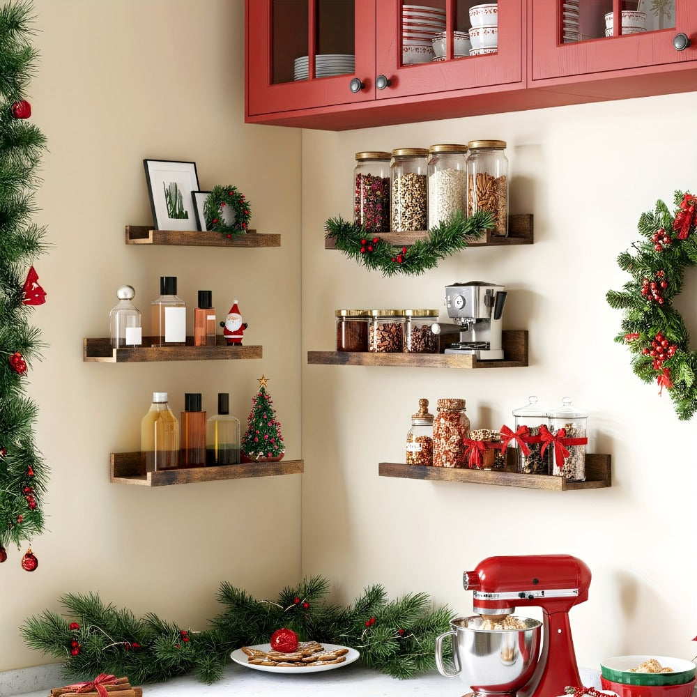 Floating Shelves 6pcs Set Wall Mounted Shelves 6 Different Sizes | Heavy Duty Shelf for Home Decor Bathroom Bedroom Living Room Space Saving Storage White Brown Black