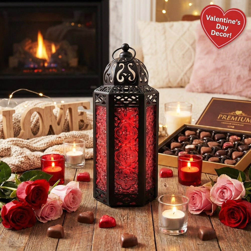 Moroccan Candle Lantern Holder - Decorative Metal & Glass Lantern with Embossed Floral Design for Indoor Home Decor, Garden, Patio, Weddings, Ramadan, Halloween & Holiday Celebrations - 10.5¡± Tall Medium Size