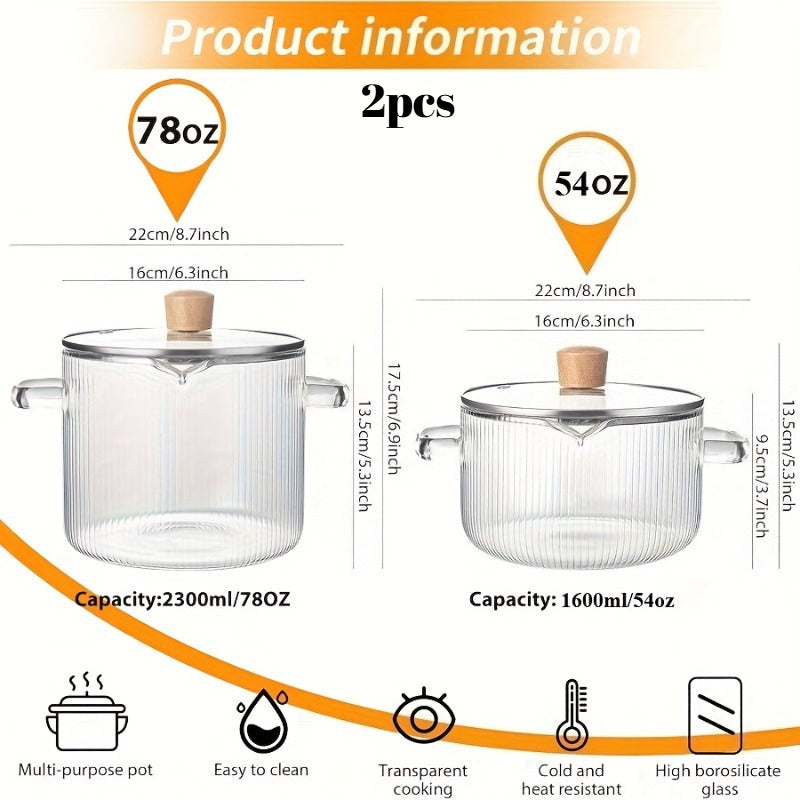 Glass Saucepan Set 2-Pack Stovetop Safe Borosilicate Ribbed Pots with Lids ¨C 78oz & 54oz Heat Resistant Cookware for Soup, Ramen, Milk | Transparent Glass Pot Kitchen Cooking Set with Baking Mat