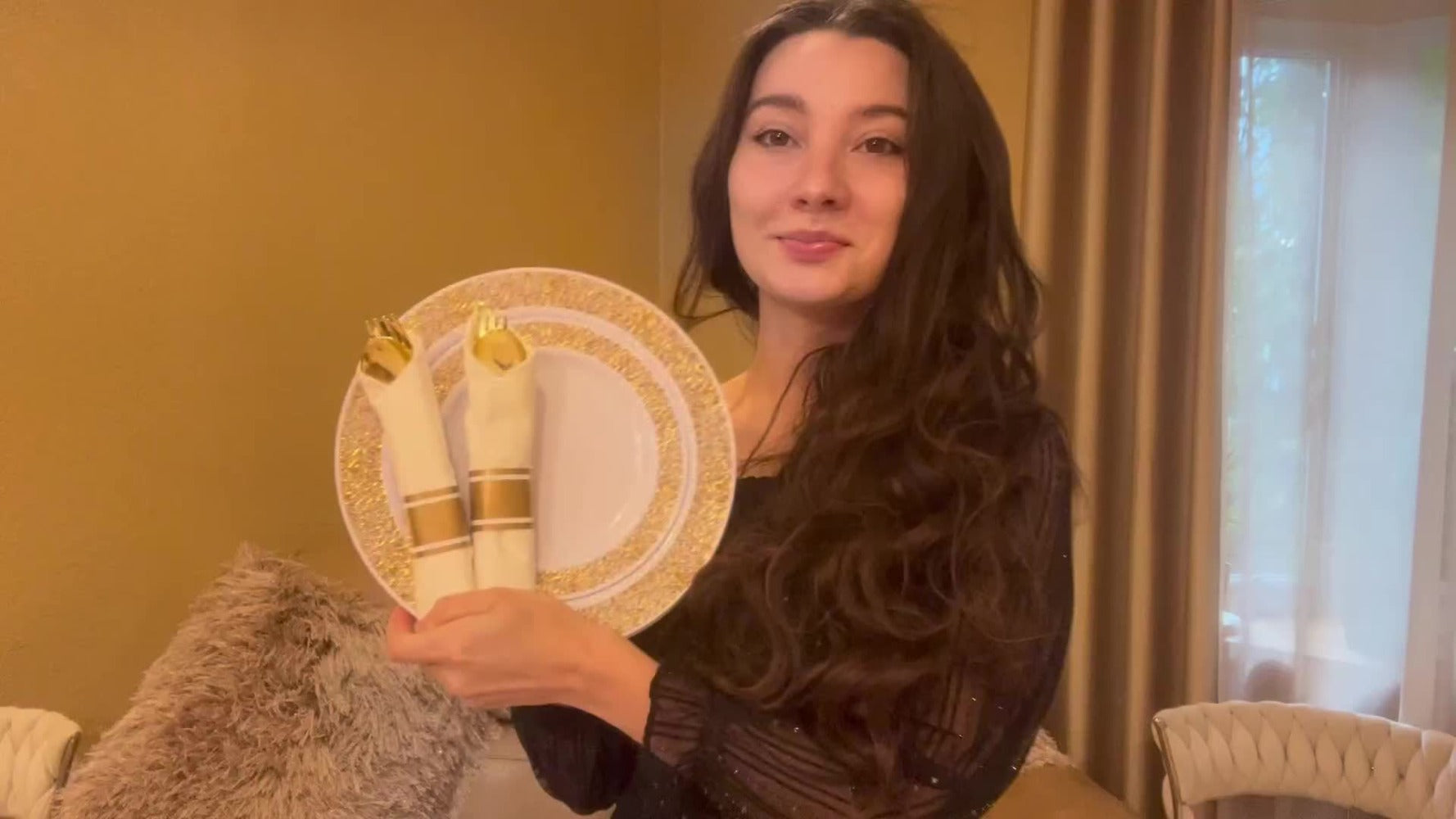 Gold Disposable Dinnerware Set for 50 Guests 350pcs ¨C Includes Dinner Plates, Dessert Plates, 9oz Cups with Gold Rim, Pre-Rolled Napkins & Gold Cutlery | Perfect for Wedding, Party & Holiday Celebration