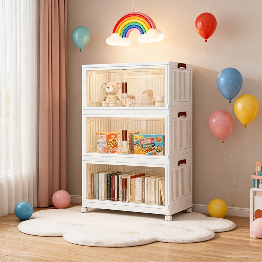 Stackable Foldable Storage Cabinet with Door ¨C PP Plastic 1/2/3/4/5 Layer Organizer Box with Wheels & Cover | Dual-Access Home Storage for Clothes, Books, Snacks & Kitchen Supplies | Office & Garage