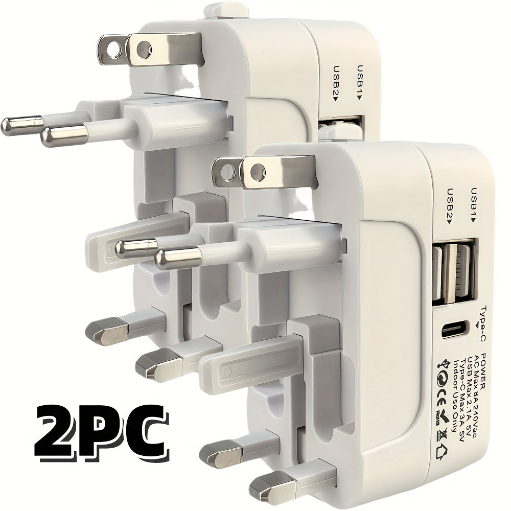 Universal Travel Adapter with Surge Protection - 2 USB & Type-C Ports, All-in-One International Plug for 350+ Countries, 100-240V Input, Fast Charging, Compact Lightweight Design, White & Black