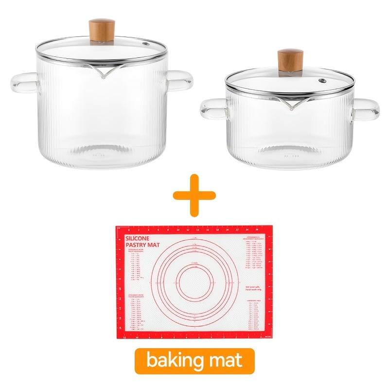 Glass Saucepan Set 2-Pack Stovetop Safe Borosilicate Ribbed Pots with Lids ¨C 78oz & 54oz Heat Resistant Cookware for Soup, Ramen, Milk | Transparent Glass Pot Kitchen Cooking Set with Baking Mat