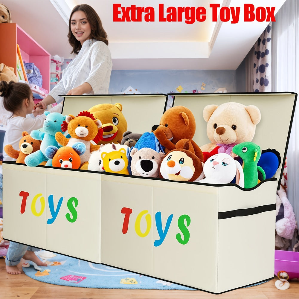 Collapsible Storage Box with Lid & Adjustable Dividers | Large Toy Chest Bin 54x16x14 Inch | Foldable Organizer for Playroom Bedroom Nursery | Boys Girls Toy Storage Box Black Dark Grey