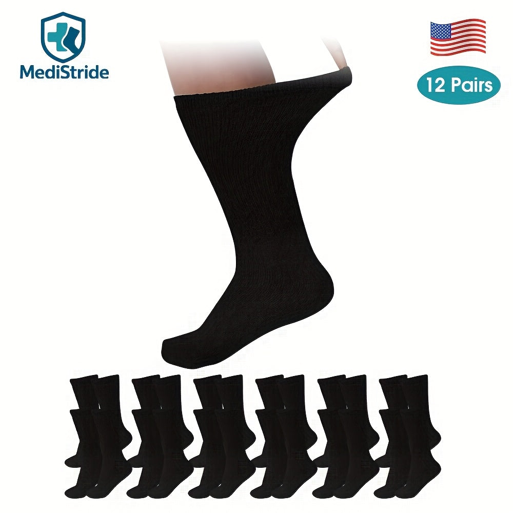 Cotton Diabetic Crew Socks 12 Pairs Non-Binding Neuropathy Loose Fit Seamless Cushioned Full Length for Men Women Edema Sensitive Feet White Black Brown Khaki Navy Grey