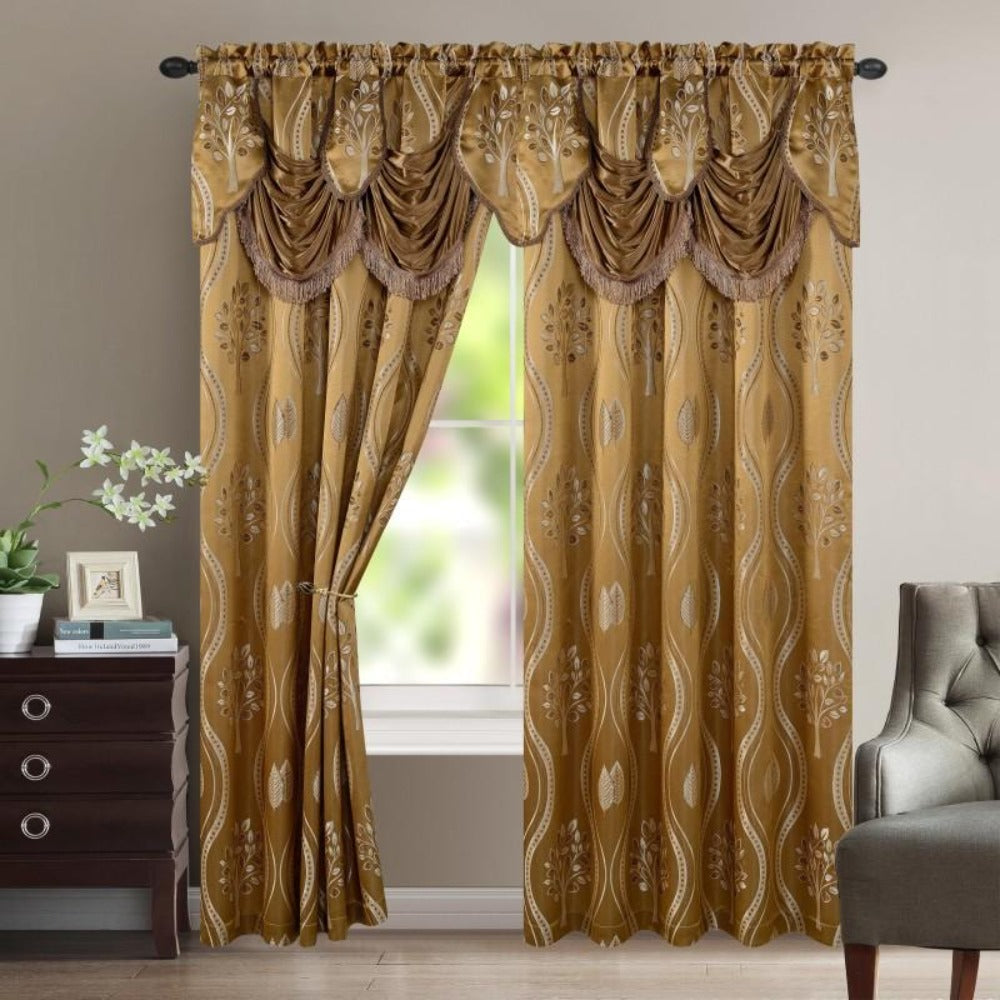 Blackout Curtains 2 Panels 54x84 Inch | Jacquard Room Darkening Rod Pocket Curtain Set with Attached Waterfall Valance | Machine Washable Window Drapes for Living Room Bedroom Home Office Study