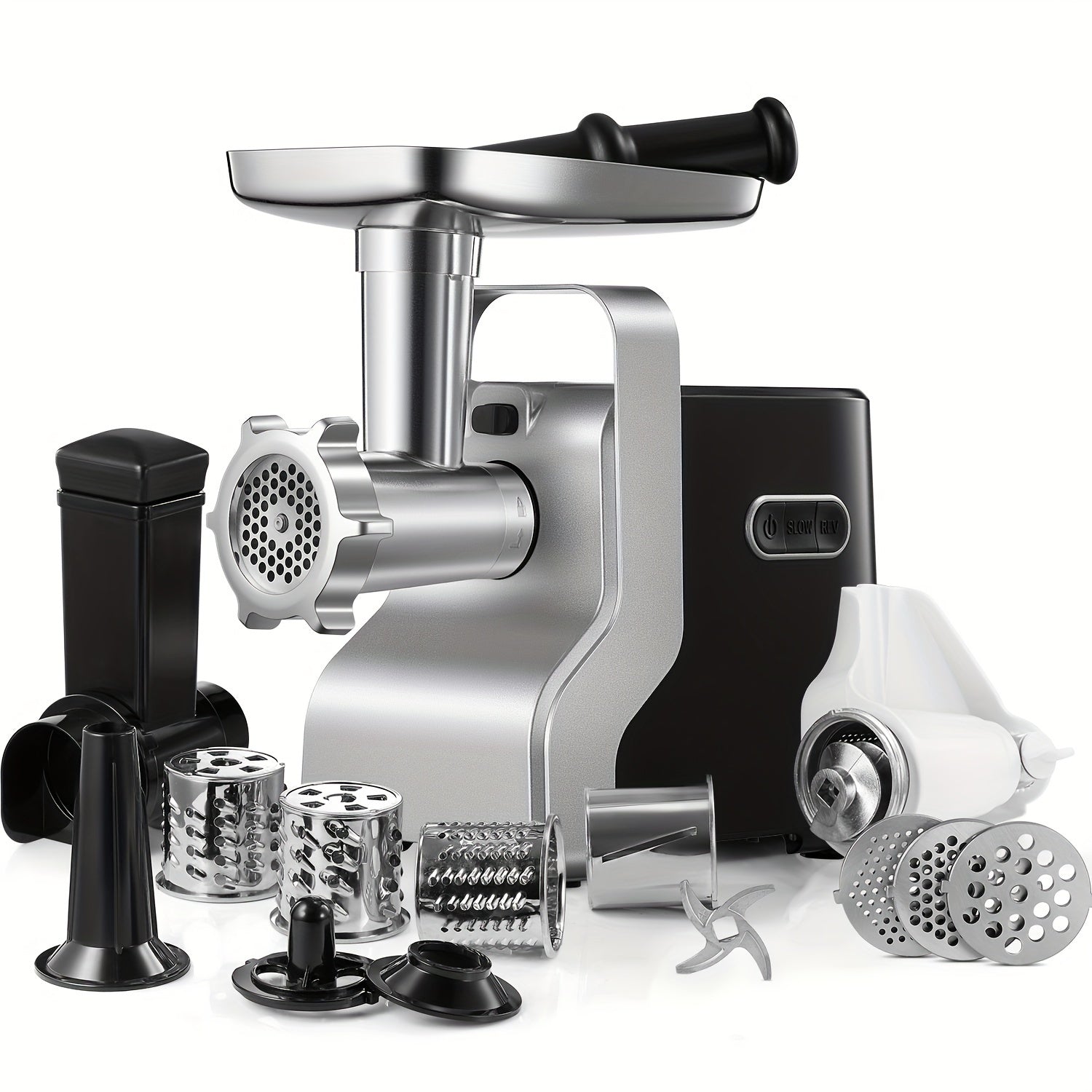 Electric Meat Grinder 5-in-1 with Sausage Stuffer Vegetable Slicer Tomato Juicer Kubbe Kit 3 Grinding Plates 3 Speed Settings 4.5 lbs per Min