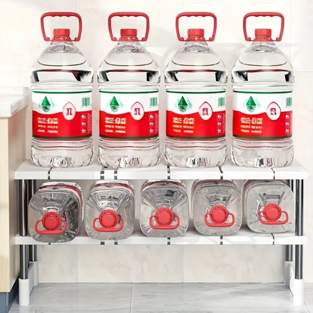 Under Sink Organizer Adjustable - Stainless Steel and Plastic Cabinet Storage Shelf for Kitchen and Bathroom, Space Saving Single Layer Rack for Pots Cleaning Supplies and Toiletries, Multi-Functional Under Cabinet Organizer and Storage