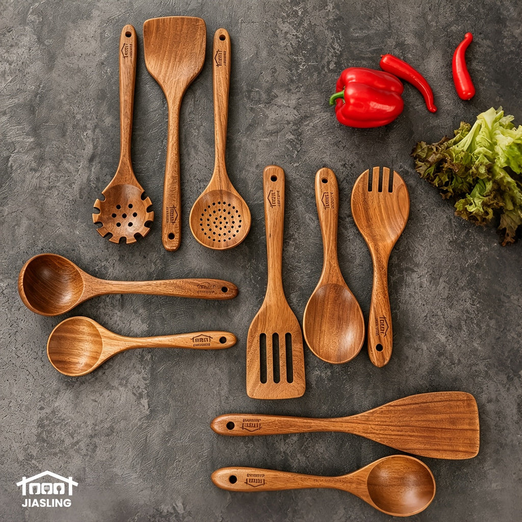 Wooden Spoons for Cooking 10 Pcs ¨C Teak Wood Kitchen Utensils Set, Non-Stick Safe Spatulas & Spoon Cooking Tools