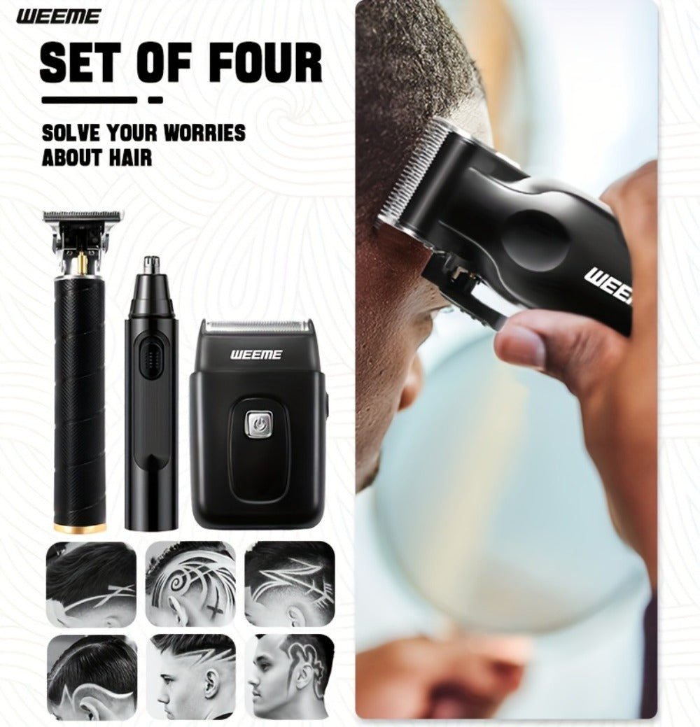 Men's Grooming Kit 4-Piece Set ¨C USB Rechargeable Hair Clipper, Nose Trimmer, Electric Shaver & T9 Detailer with 8 Guide Combs, Professional Cordless Beard Trimmer Set for Men