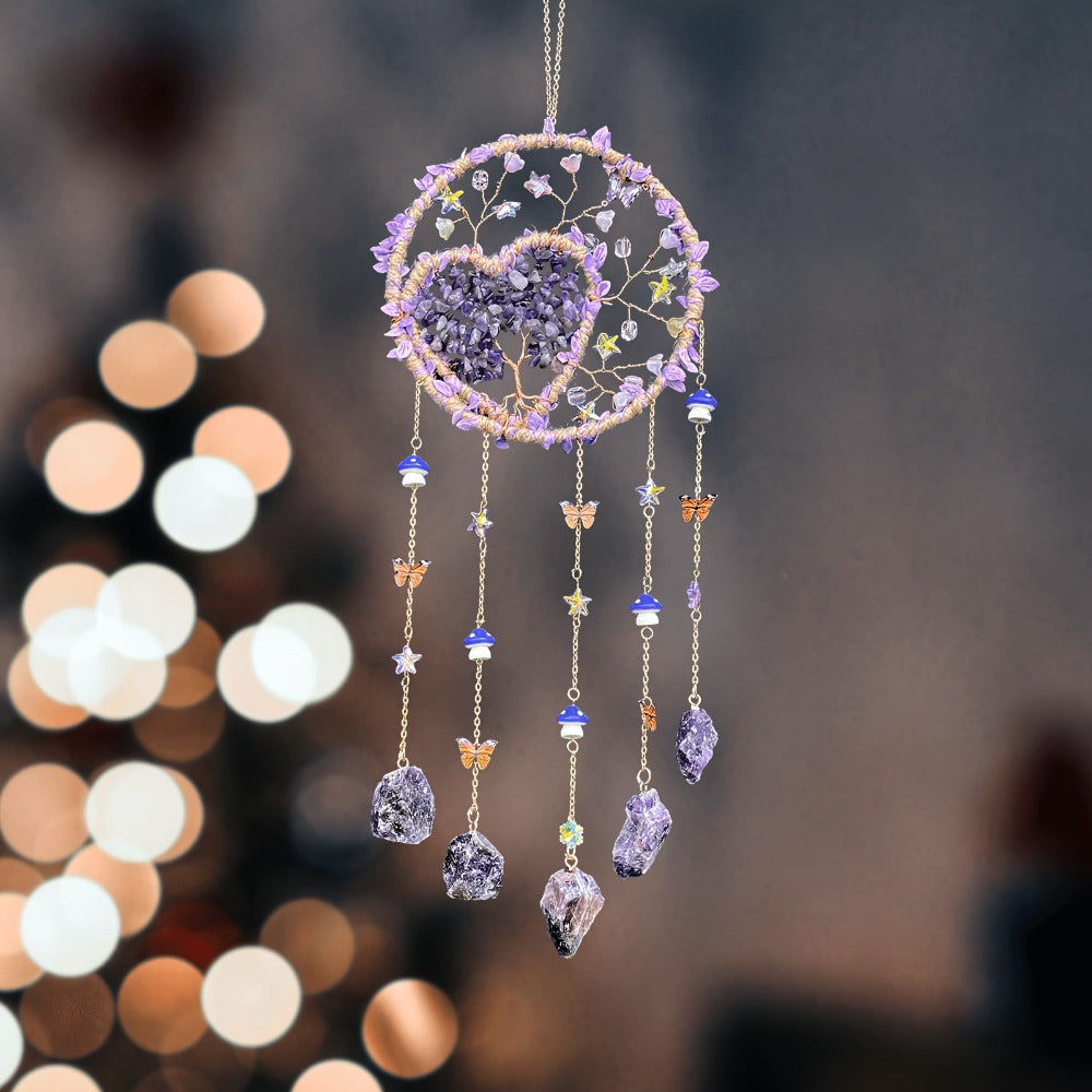 Boho Crystal Wall Hanging Decor ¨C Handmade Stone Bead Wind Chime with Colorful Gemstone Heart & Circular Crystal Pendant for Bedroom Living Room Christmas Mother's Day Thanksgiving Gift (Purple/Pink/Green)