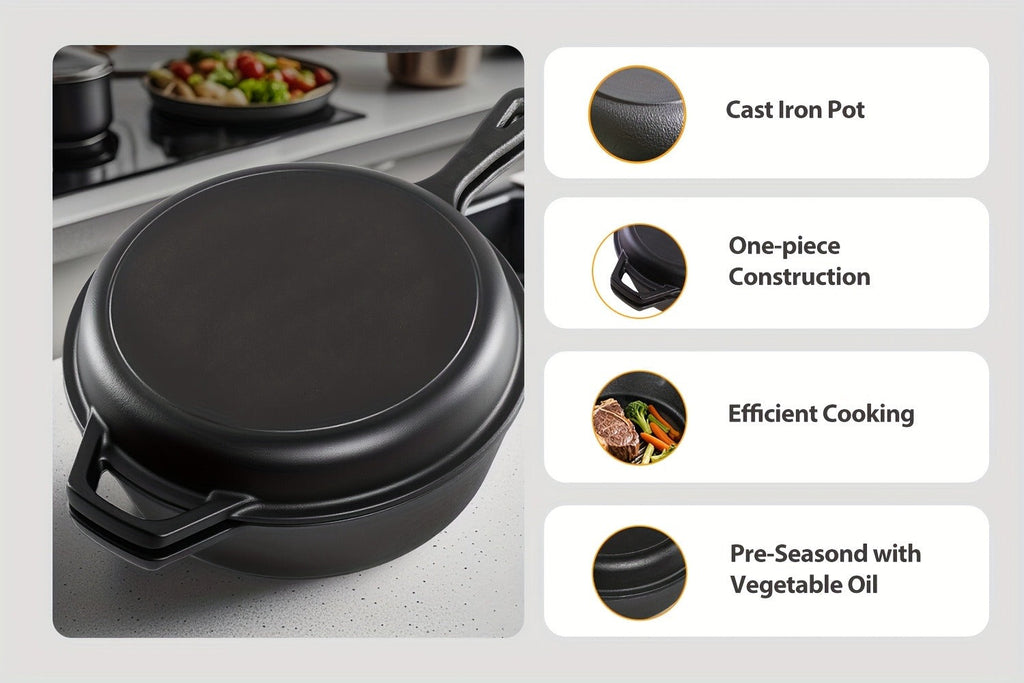 Cast Iron Dutch Oven & Frying Pan Set ¨C Pre-Seasoned 2-in-1 Cookware, Deep Pan + Skillet for Stovetop, Induction, Oven, BBQ & Outdoor Cooking, Multi-Purpose Pots and Pans Set