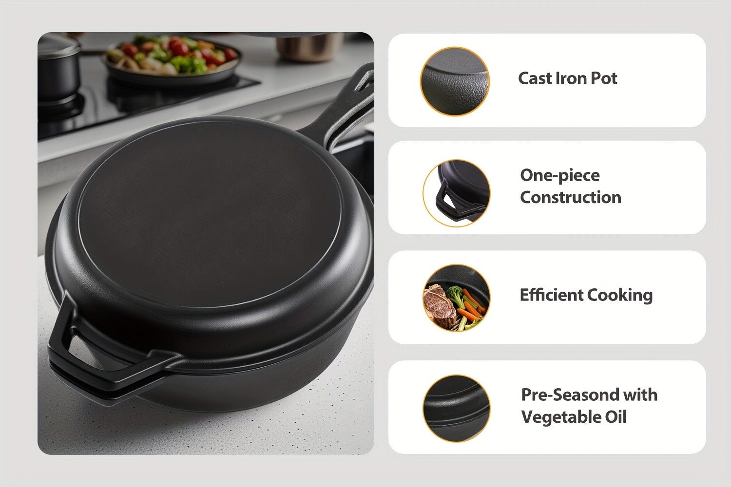 Cast Iron Dutch Oven & Frying Pan Set ¨C Pre-Seasoned 2-in-1 Cookware, Deep Pan + Skillet for Stovetop, Induction, Oven, BBQ & Outdoor Cooking, Multi-Purpose Pots and Pans Set