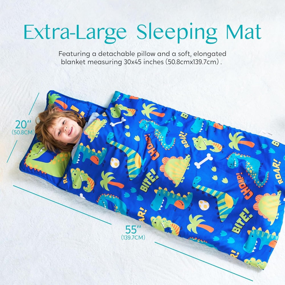 Kids Nap Mat with Removable Pillow & Minky Blanket - Soft Roll-Up Sleeping Bag for Boys Girls, Blue Dinosaur Design, Preschool Kindergarten Daycare Sleepover, Ages 3+, 55''x30''
