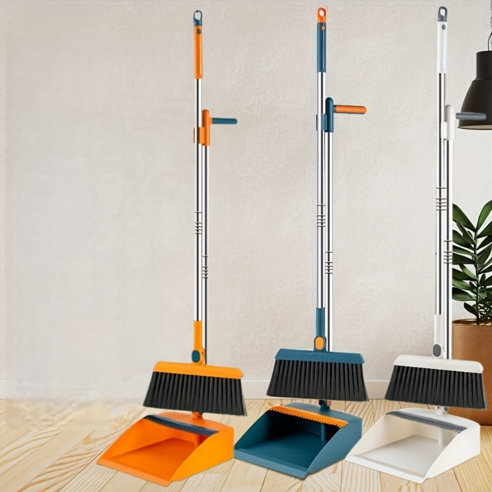 Broom and Dustpan Set with Long Handle - 2-in-1 Upright Sweeping Broom with Comb Teeth, Pet Hair Removal Floor Cleaning Tool for Home Office School Dorm Outdoor - Blue Orange White Purple Green
