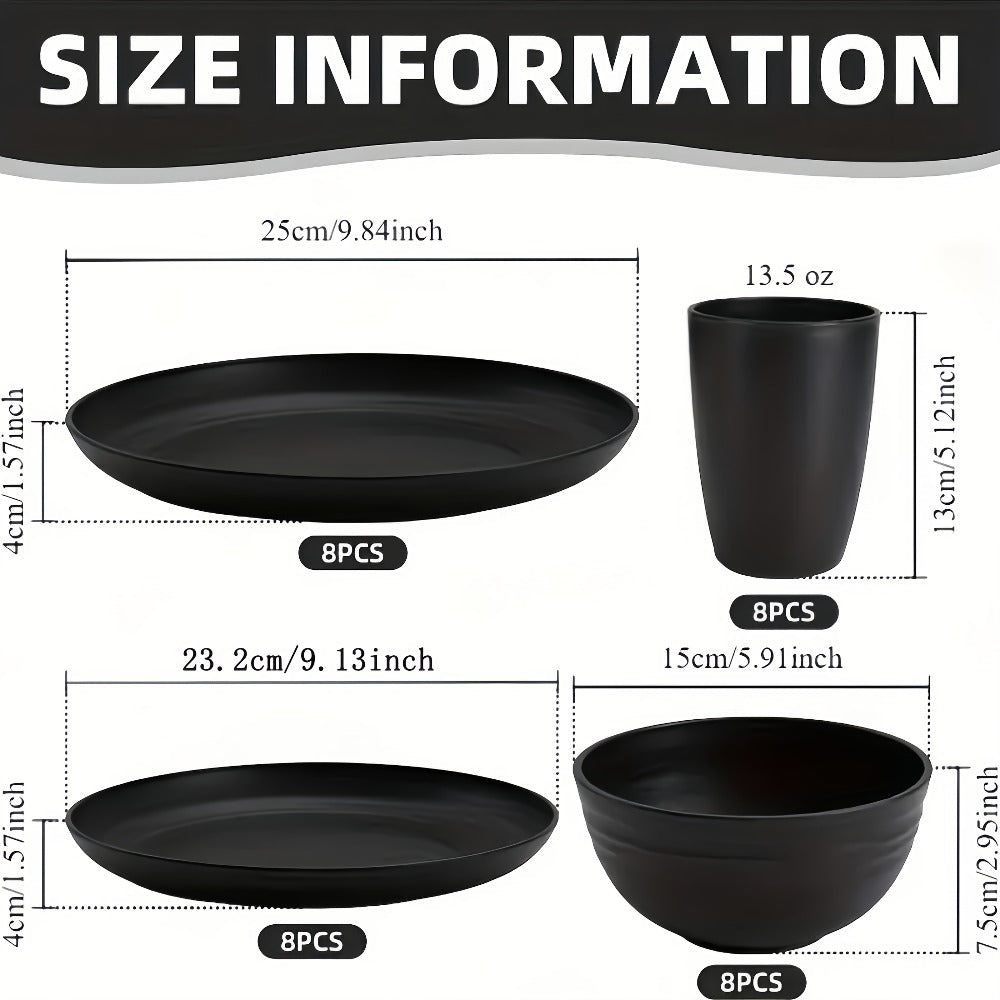 Wheat Straw Dinnerware Set Unbreakable 16 or 32-Piece Service for 4 or 8, Lightweight Dishwasher Microwave Safe Dish Set with Plates Bowls Cups, Modern Kitchen Tableware for Everyday Camping Outdoor Use