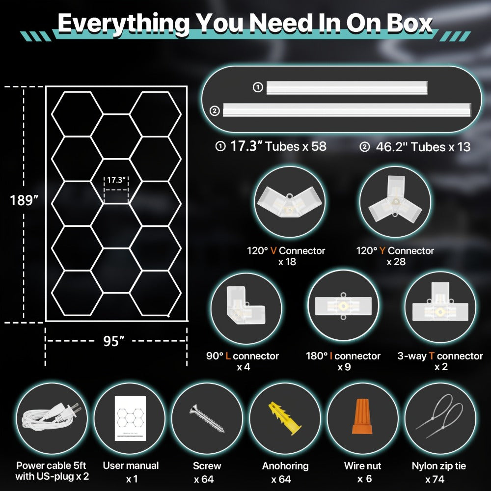 LED Hexagonal Garage Light 6500K ¨C Super Bright Daylight White Shop Light 42W¨C620W for Auto Detailing, Warehouse, Workshop, Basement & Gym (1 to 32 Grids, Hex Frame Available)