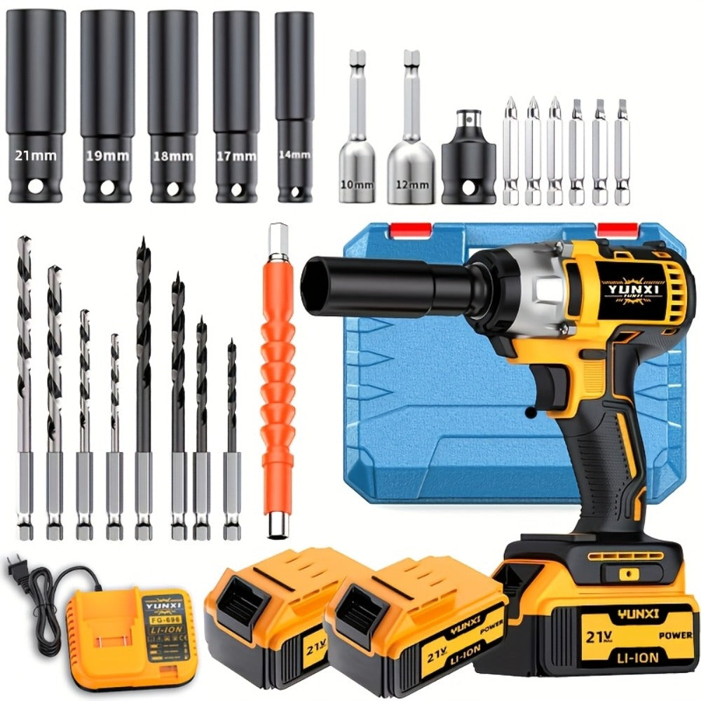 Cordless Impact Wrench 21V Brushless Electric Drill Set with 4000mAh Battery, Toolbox & Full Accessories, Wireless Power Drill for Automotive, Home & Industrial Use, Men's Gift
