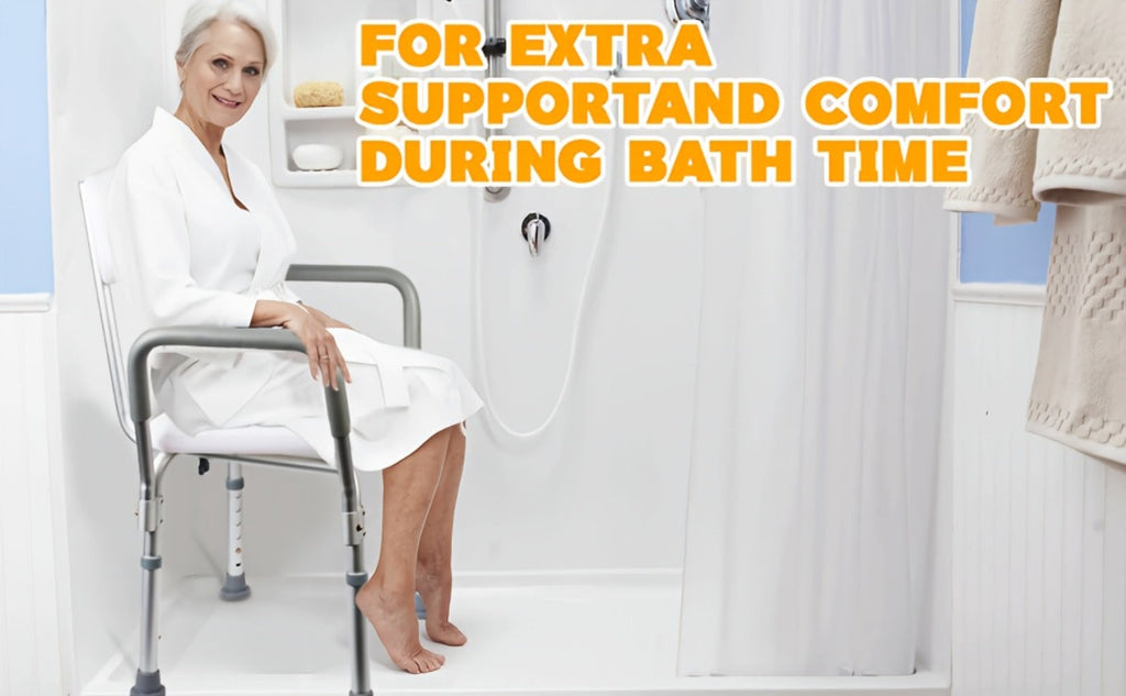 Shower Chair with Armrests & Backrest ¨C Height Adjustable Aluminum Bath Seat, 350 LBS Capacity, Non-Slip Rubber Feet, Cushioned Support for Elderly, Disabled & Post-Surgery, Fits Most Showers & Tubs