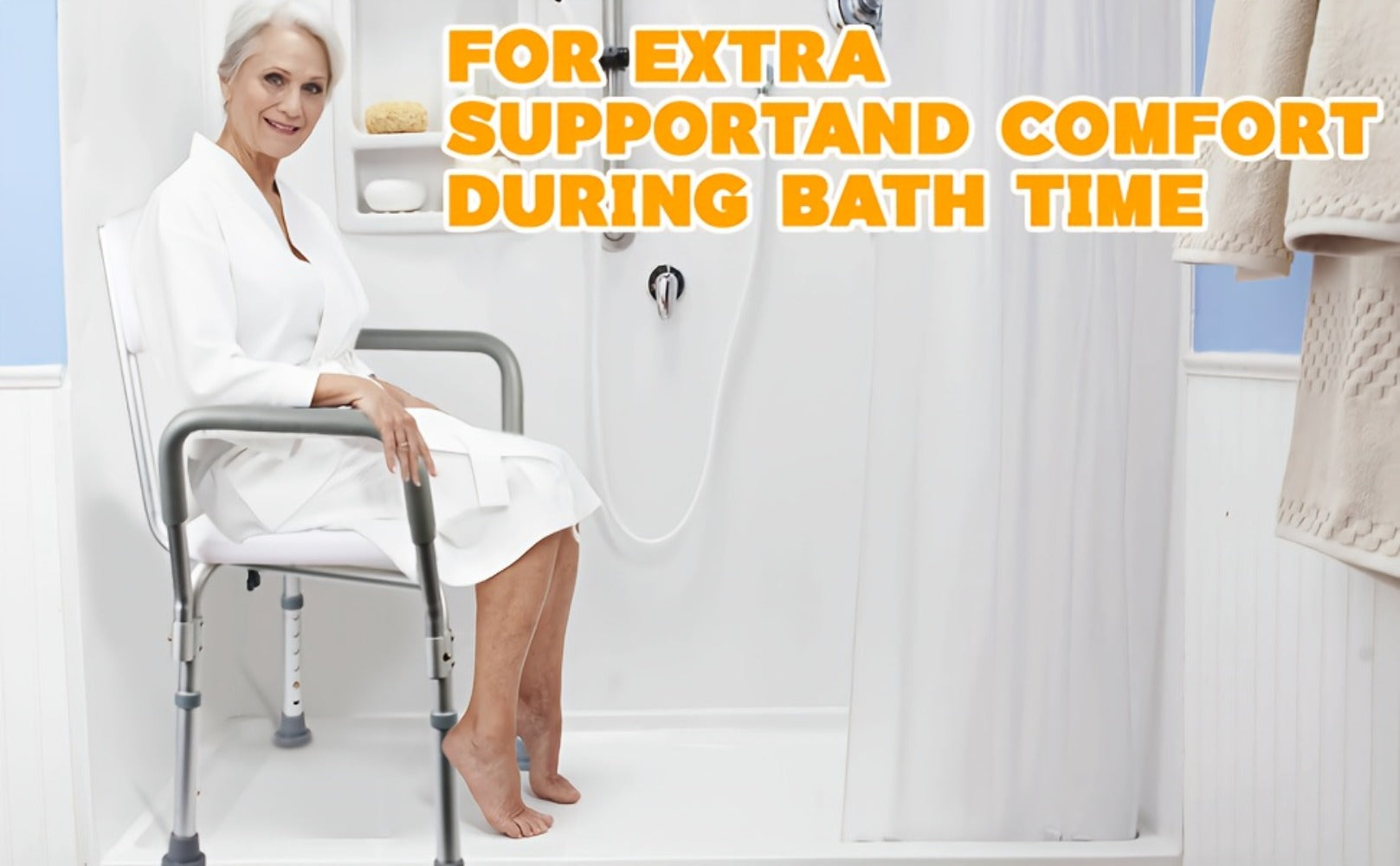 Shower Chair with Armrests & Backrest ¨C Height Adjustable Aluminum Bath Seat, 350 LBS Capacity, Non-Slip Rubber Feet, Cushioned Support for Elderly, Disabled & Post-Surgery, Fits Most Showers & Tubs