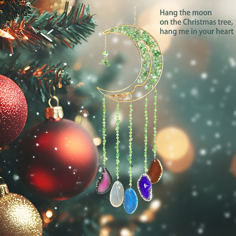 Moon Agate Tree Hanging Ornament Handmade Boho Suncatcher Wall Decor - Crystal Window Sun Catcher Gift for Mom Friends Women Birthday Christmas Holiday Home Decoration