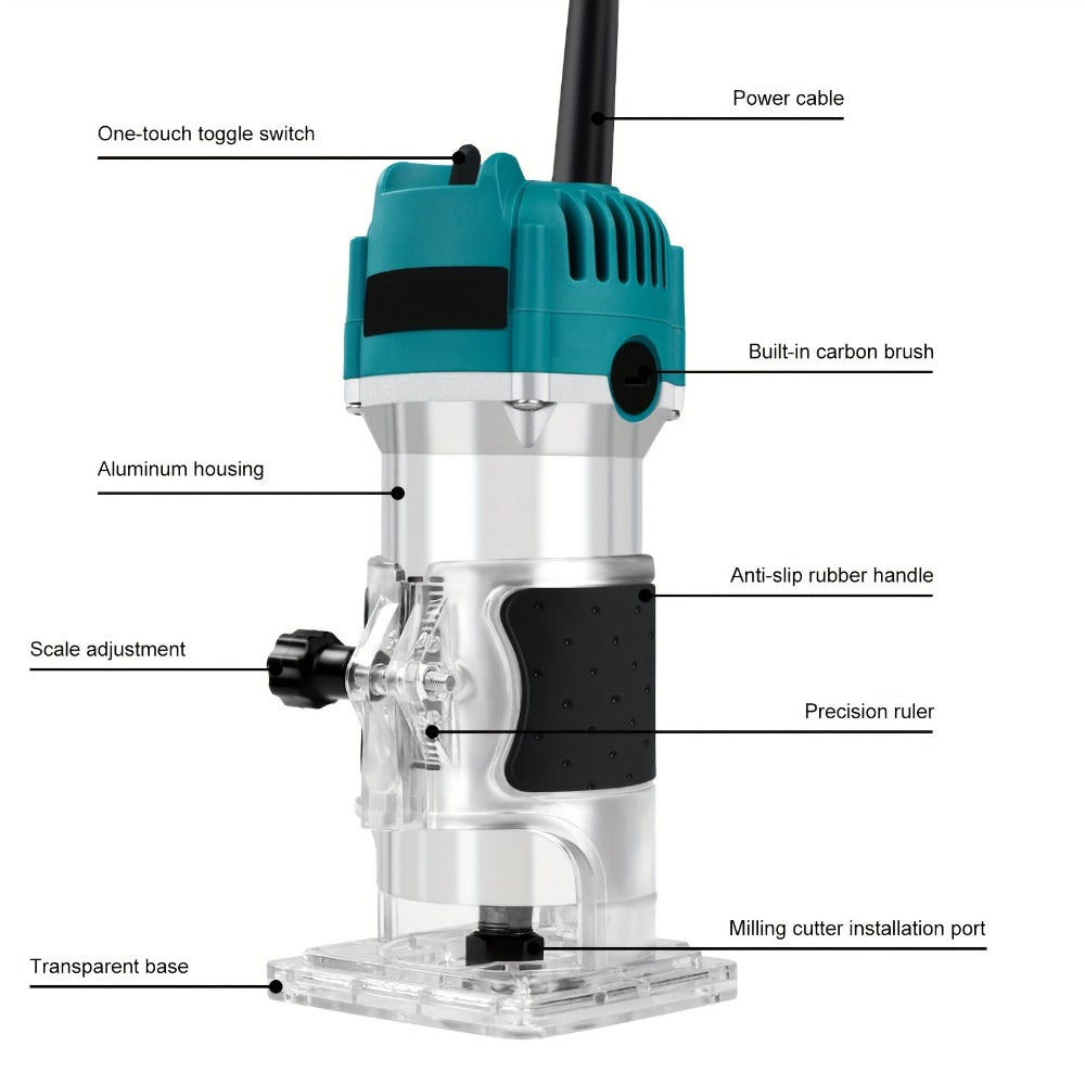 Wood Router Laminate Trimmer 800W Electric Hand Trimmer, 110V 30000 RPM Woodworking Router Tool for Slotting Trimming Carving Milling Engraving, ABS & Aluminum Alloy Body, Compact & Lightweight
